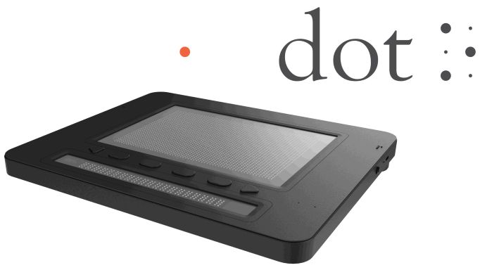 Photo of the Dot Pad X with the Dot logo that says 'dot' and has the Braille o to its right.  All in black on white.